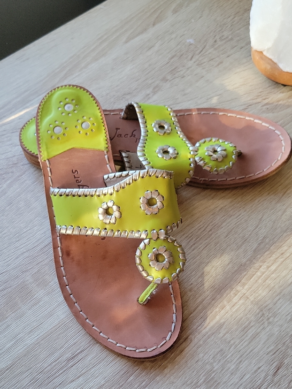 Jack Rogers Neon Lime Floral Leather Slide Sandals